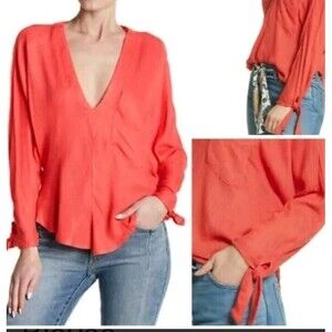 Free People Morning Dolman Top Tie Sleeves Coral Gauze Blouse Women Size M